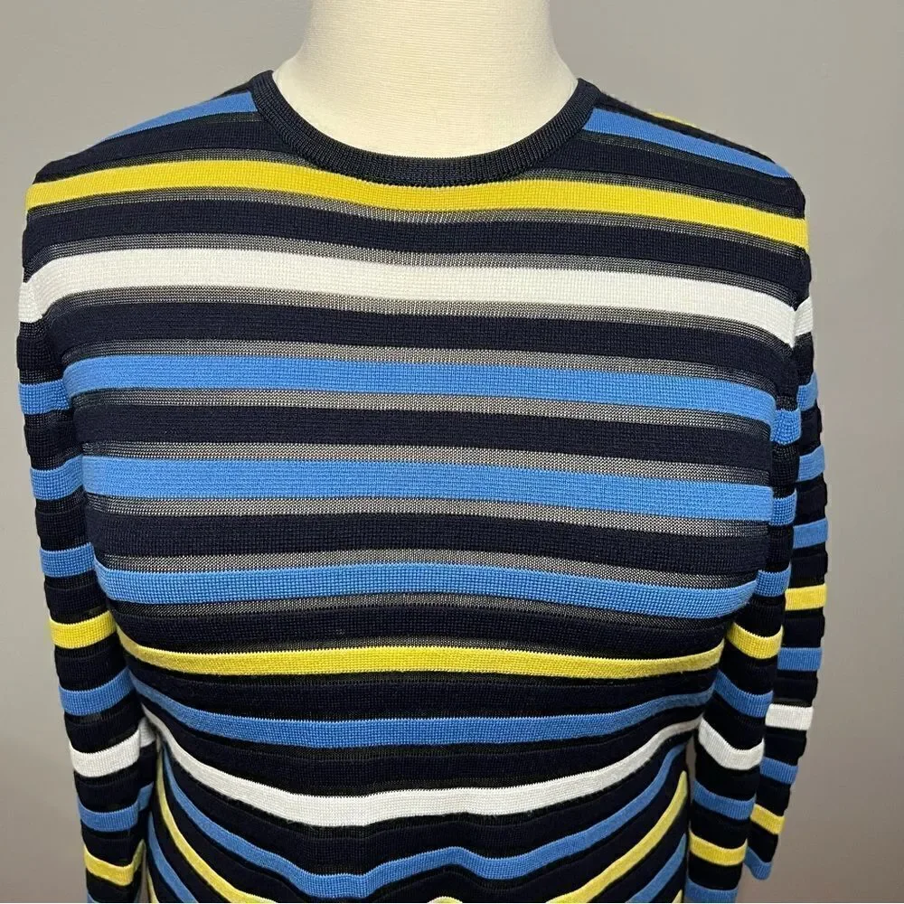 St. John Blue and Yellow Striped Knit Side Slit Sweater - L‎